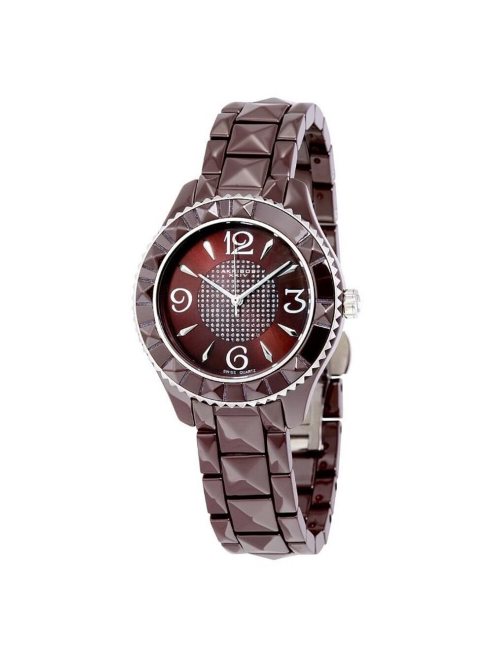 NWT Akribos XXIV Akribos Brown Dial Brown Pyramid-Cut Ceramic Ladies Watch